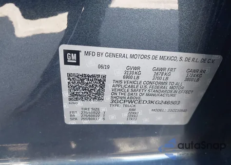 2019 Chevrolet Silverado 1500 Lt из США, поврежденный, VIN 3GCPWCED3KG246503